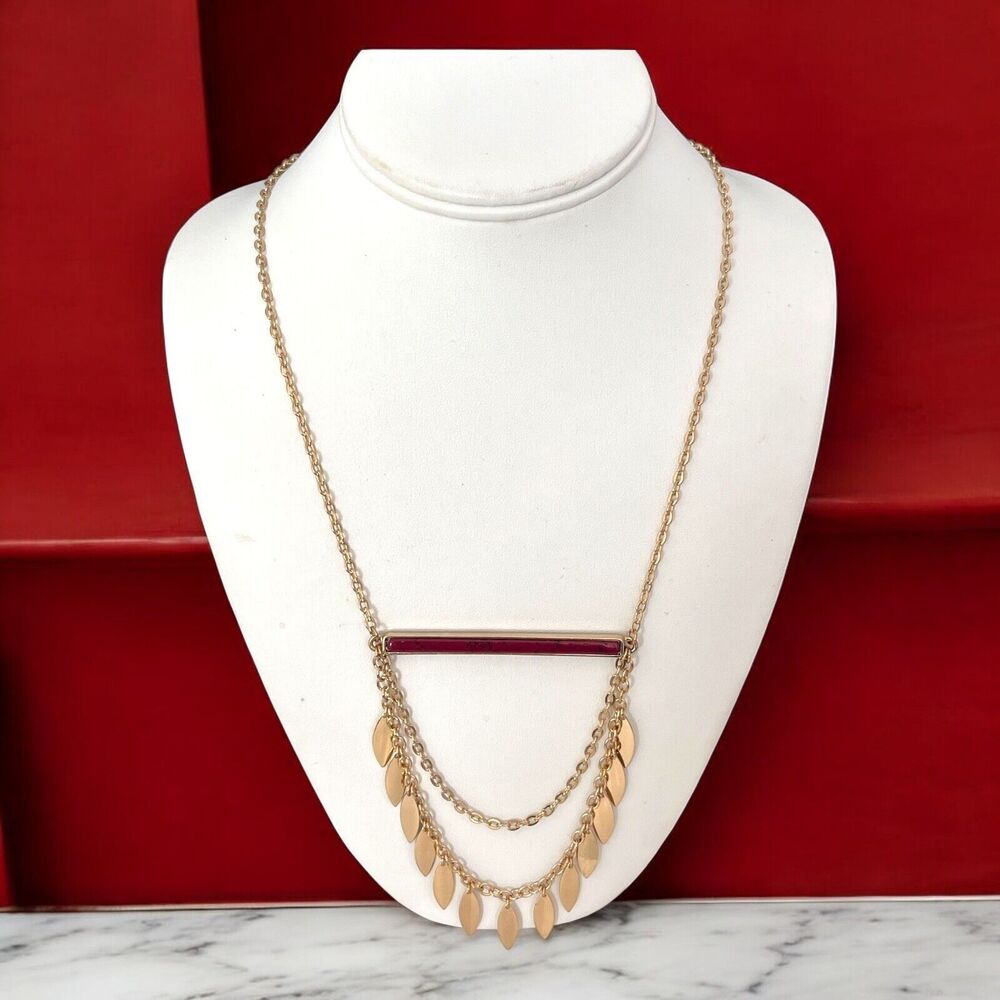 New Gold Tone Layered Necklace Red Polished Stone Bar - 10U